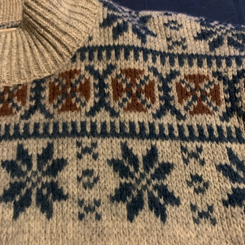 Jantzen Tan and Blue Crewneck Sweater Nordic Pattern 100% virgin wool Large - Picture 5 of 8